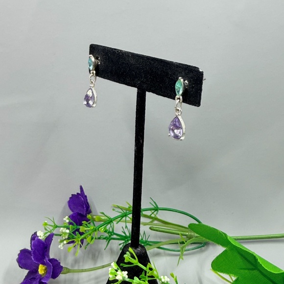 Silver Drop Earrings with Purple and Teal Crystal Gemstones - Picture 3 of 6